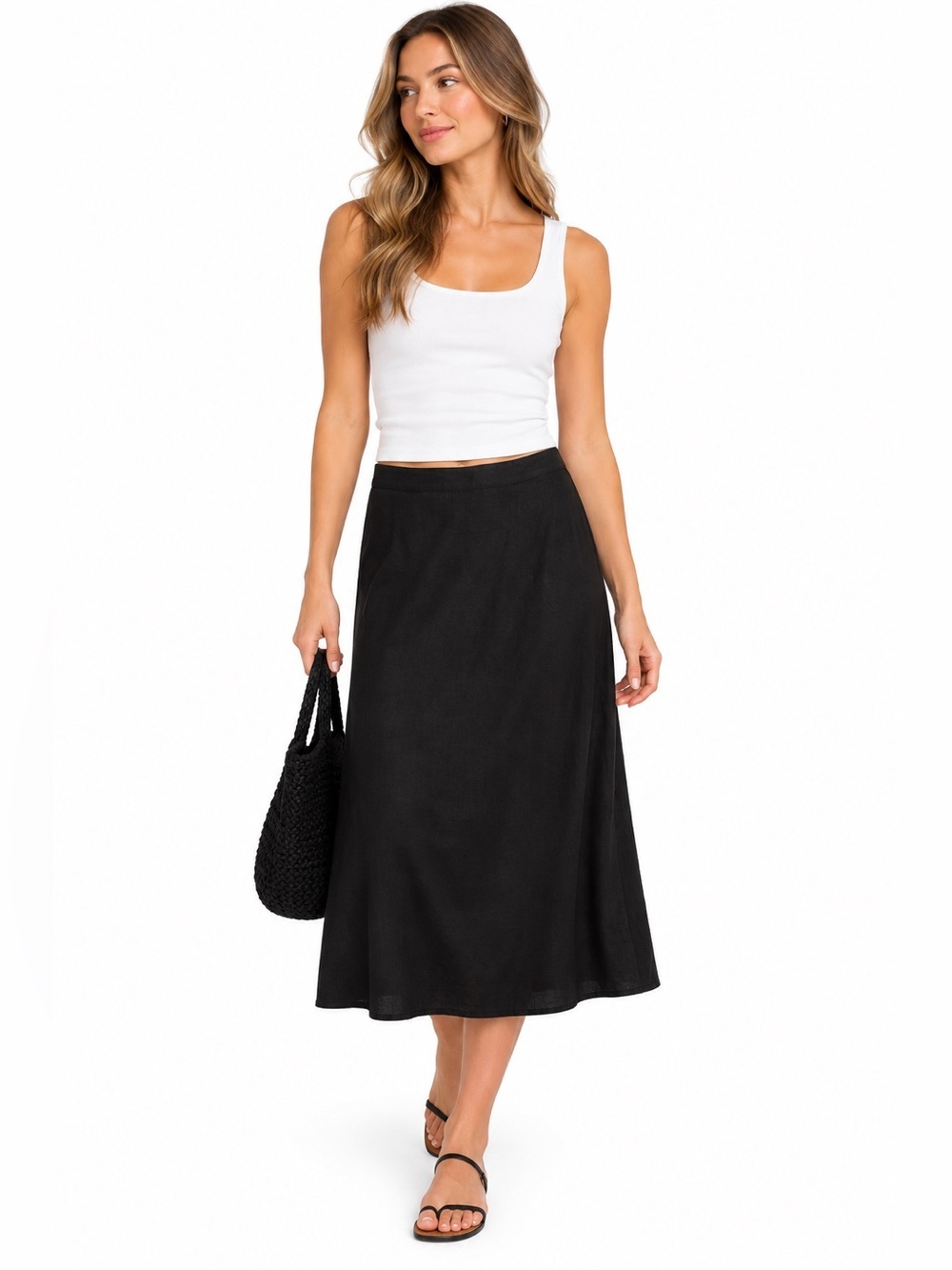 Old Navy Women’s Linen Blend Mid-rise Midi Skirt M Black